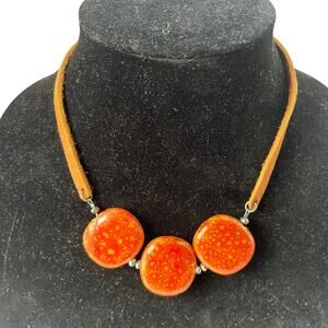 Orange Ceramic Triple Pendant Leather Choker Necklace Y2K Festival Boho Rustic